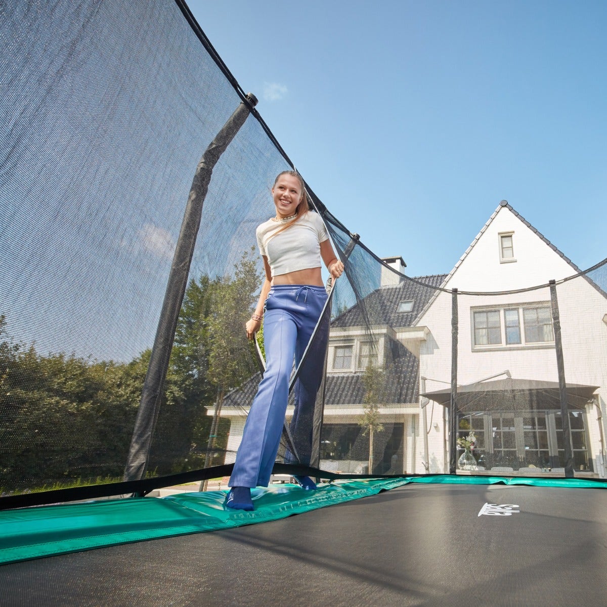 14ft x 8ft Salta Green Rectangular First Class Trampoline with Enclosure