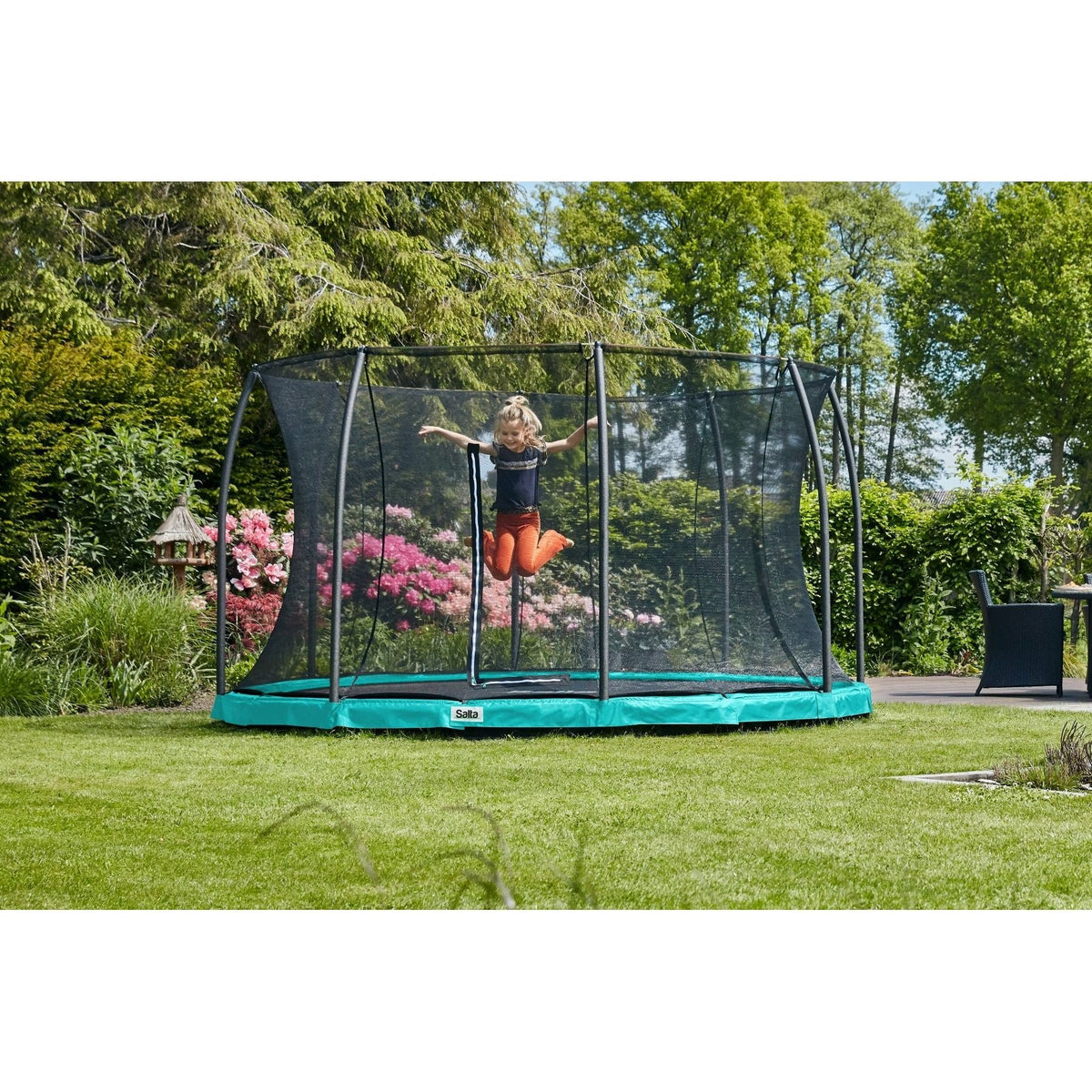 14ft Salta Green Comfort Edition InGround Round Trampoline with Enclosure