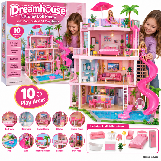 3-Storey Dreamhouse Doll House with Pool, Slide & 10 Play Areas