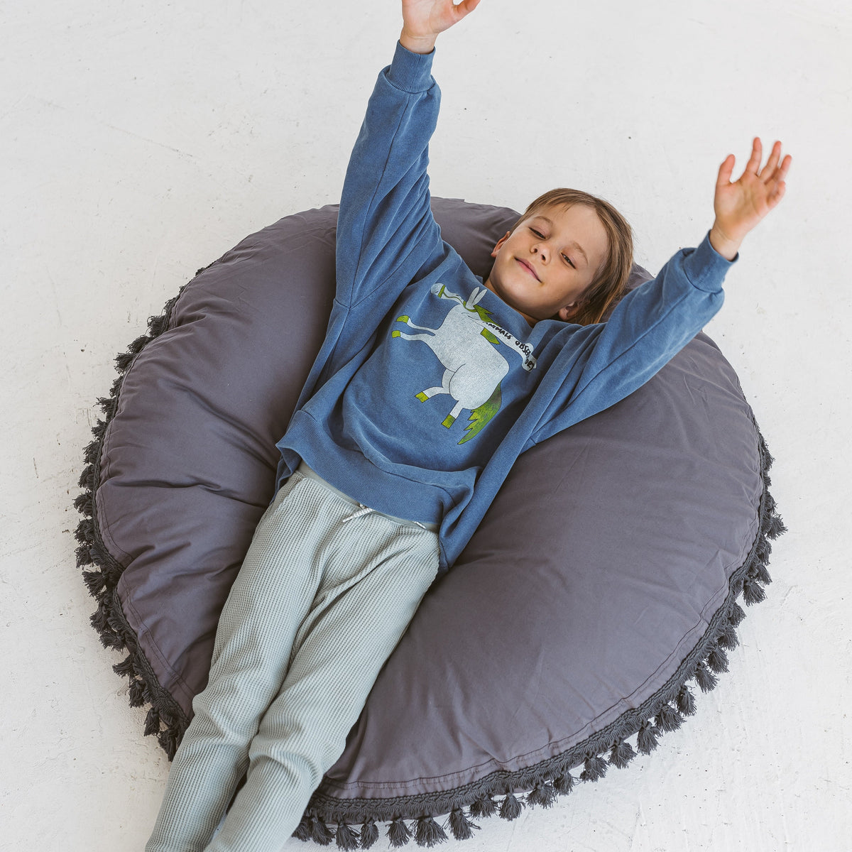 MINICAMP Large Floor Cushion with Tassels in Grey
