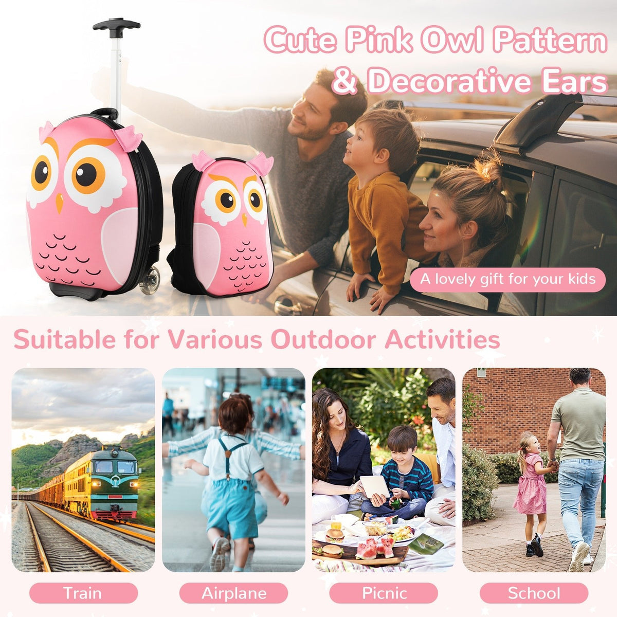 Kids Luggage Set with 40 cm Kids Carry-on Luggage and 30 cm Backpack-Pink