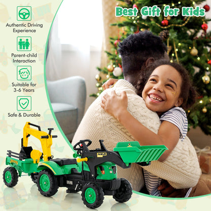 3-in-1 Kids Ride On Pedal Excavator with Detachable Trailer-Green