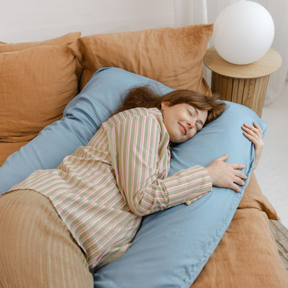 MINICAMP U-Shaped Pregnancy Pillow with Natural Sateen Cotton Cover in Stone Blue | Kapok or PES Filling