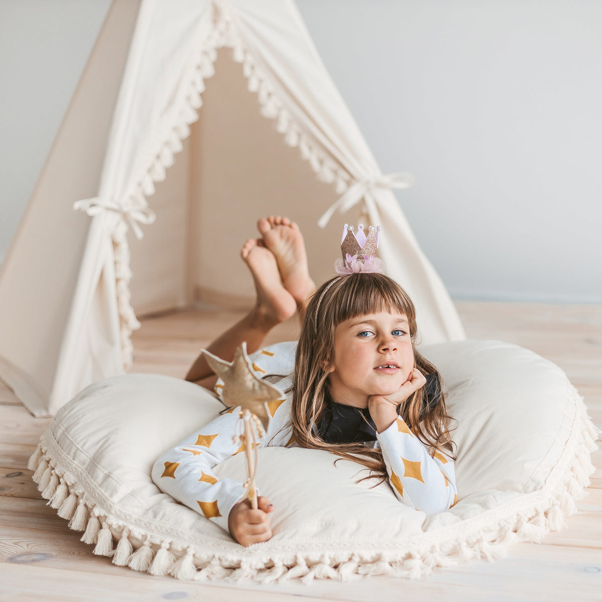 MINICAMP Large Floor Cushion with Tassels in Ecru