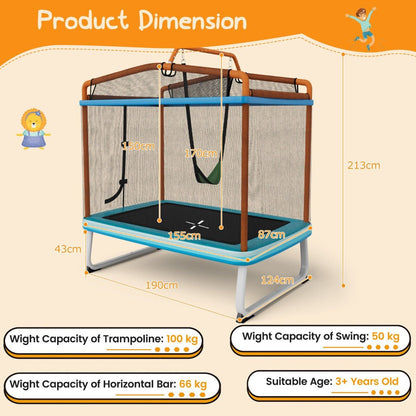 190CM 3-in-1 Kids Rectangle Trampoline with Enclosure Net and Horizontal Bar-Orange